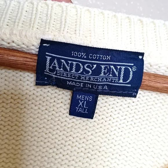 Vintage Lands' End Men's Cream Knit Long Sleeve  V-Neck Sweater Top Size XL - Picture 11 of 12